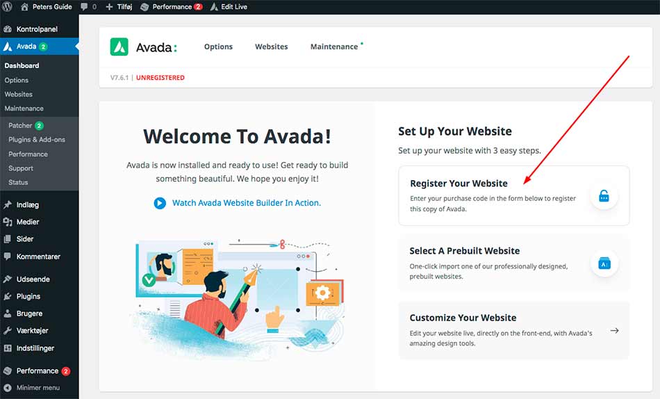 Billedet viser velkommen til Avada og registrer hjemmeside